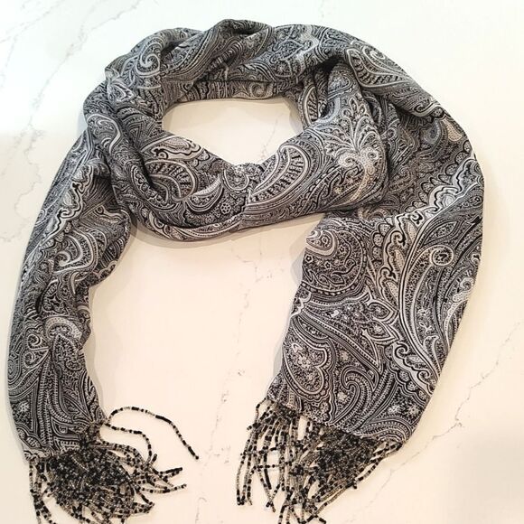 Bellissima Accessories Silk Black & White Paisley Scarf with Beaded Fringe - Picture 7 of 8